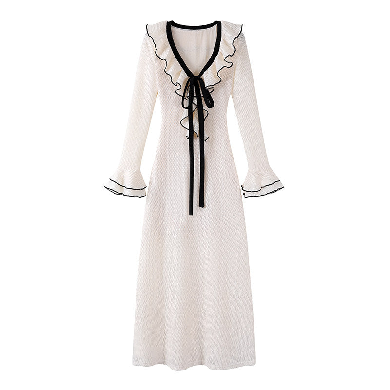 Flattering Ivory Knit Deep Plunge V-Neck A-Line Maxi Dress Chic Black Ribbon Ruffled Cuffs Long Sleeves Date Night Long Dress AP6775