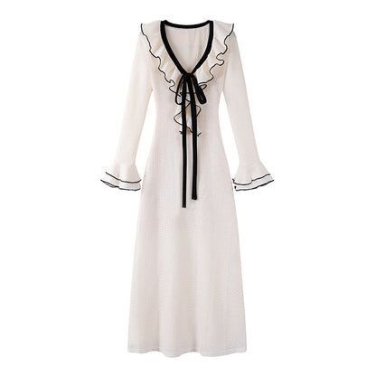 Flattering Ivory Knit Deep Plunge V-Neck A-Line Maxi Dress Chic Black Ribbon Ruffled Cuffs Long Sleeves Date Night Long Dress AP6775