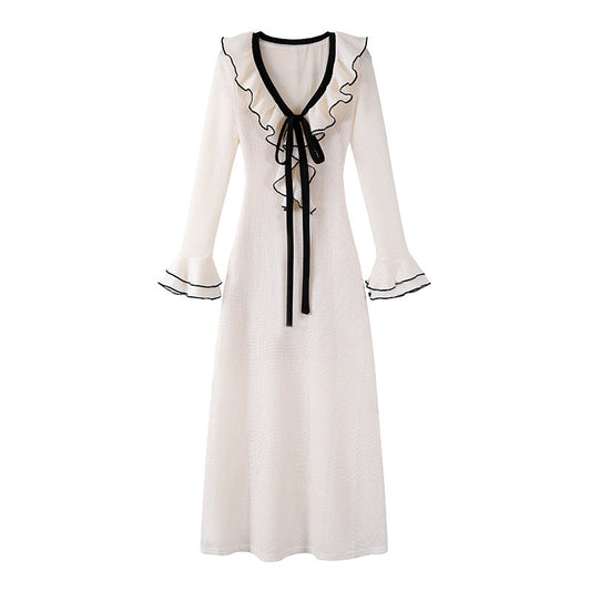 Flattering Ivory Knit Deep Plunge V-Neck A-Line Maxi Dress Chic Black Ribbon Ruffled Cuffs Long Sleeves Date Night Long Dress AP6775