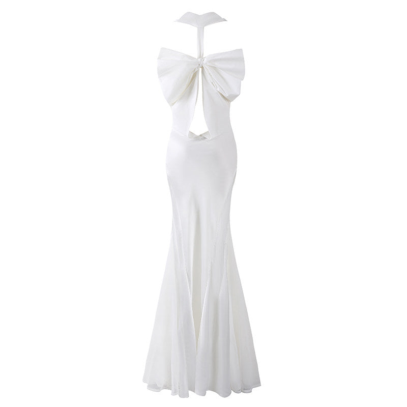 Trendy Back Bow Cutout Maxi Dress Elegant White Draped Neckline Wedding Guest Looks Mermaid Long Dress AP6776