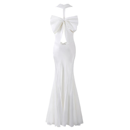 Trendy Back Bow Cutout Maxi Dress Elegant White Draped Neckline Wedding Guest Looks Mermaid Long Dress AP6776