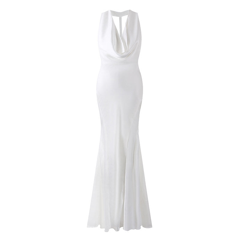 Trendy Back Bow Cutout Maxi Dress Elegant White Draped Neckline Wedding Guest Looks Mermaid Long Dress AP6776