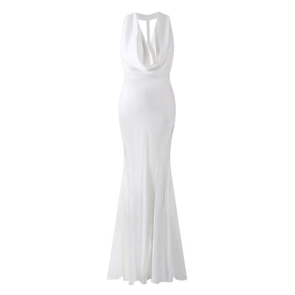 Trendy Back Bow Cutout Maxi Dress Elegant White Draped Neckline Wedding Guest Looks Mermaid Long Dress AP6776
