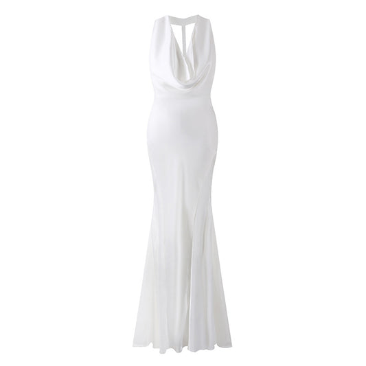 Trendy Back Bow Cutout Maxi Dress Elegant White Draped Neckline Wedding Guest Looks Mermaid Long Dress AP6776