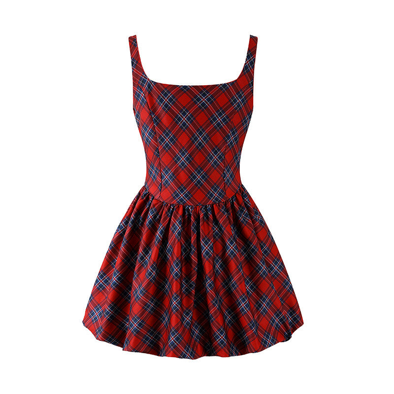 Attractive Spaghetti Straps Bow Waist A-Line Mini Dress Y2K Revival Red Plaid Short Dress AP6777