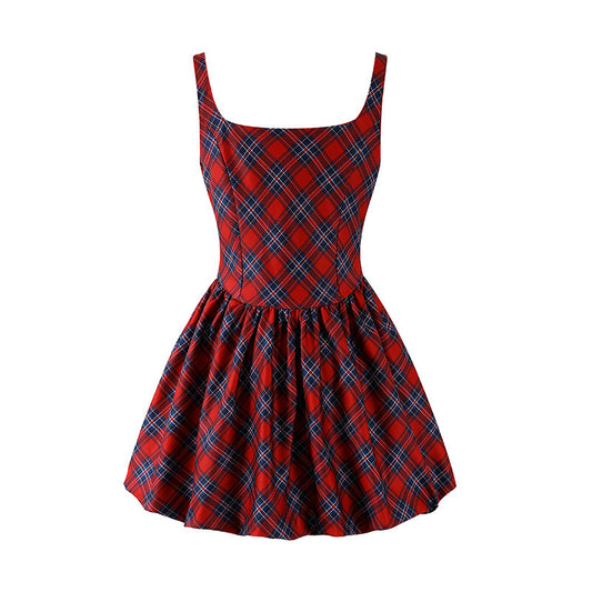 Attractive Spaghetti Straps Bow Waist A-Line Mini Dress Y2K Revival Red Plaid Short Dress AP6777