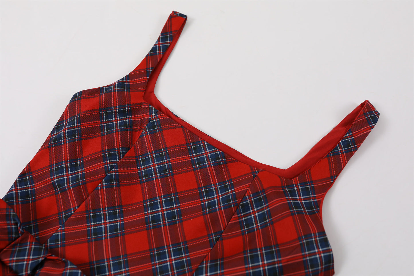 Attractive Spaghetti Straps Bow Waist A-Line Mini Dress Y2K Revival Red Plaid Short Dress AP6777