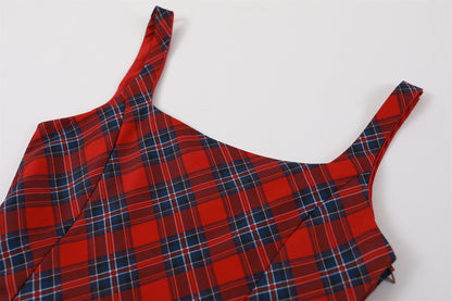 Attractive Spaghetti Straps Bow Waist A-Line Mini Dress Y2K Revival Red Plaid Short Dress AP6777