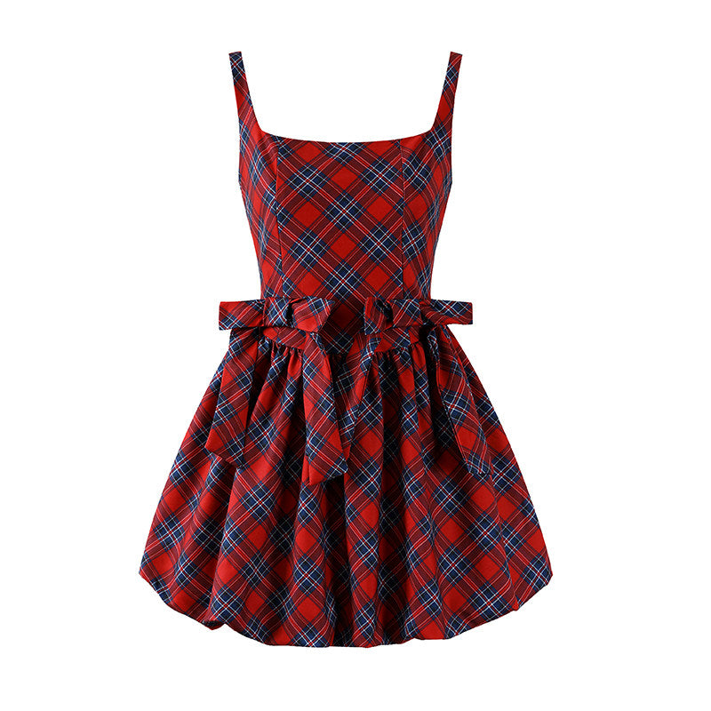 Attractive Spaghetti Straps Bow Waist A-Line Mini Dress Y2K Revival Red Plaid Short Dress AP6777
