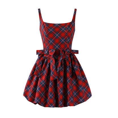 Attractive Spaghetti Straps Bow Waist A-Line Mini Dress Y2K Revival Red Plaid Short Dress AP6777
