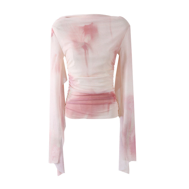 Vogue Blush Tie-Dye Two-Piece A-Line Maxi Dress Soft Girl Aesthetic Ruched Long Sleeve Top Date Outfits Long Dress AP6778