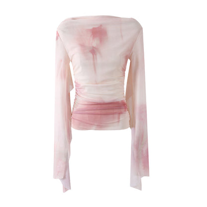 Vogue Blush Tie-Dye Two-Piece A-Line Maxi Dress Soft Girl Aesthetic Ruched Long Sleeve Top Date Outfits Long Dress AP6778