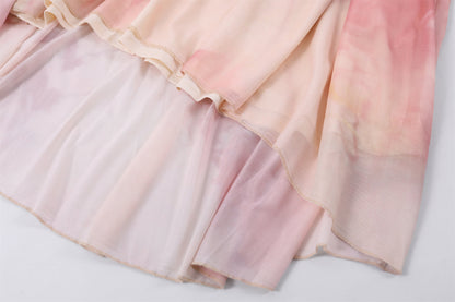 Vogue Blush Tie-Dye Two-Piece A-Line Maxi Dress Soft Girl Aesthetic Ruched Long Sleeve Top Date Outfits Long Dress AP6778