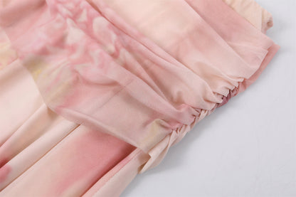 Vogue Blush Tie-Dye Two-Piece A-Line Maxi Dress Soft Girl Aesthetic Ruched Long Sleeve Top Date Outfits Long Dress AP6778