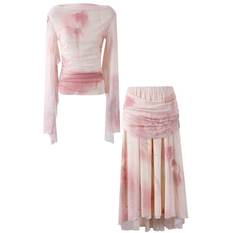Vogue Blush Tie-Dye Two-Piece A-Line Maxi Dress Soft Girl Aesthetic Ruched Long Sleeve Top Date Outfits Long Dress AP6778