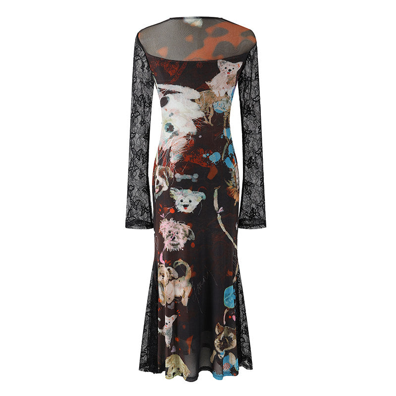 Sexy Sheer Black Lace Long Sleeves Mermaid Maxi Dress Chic Maroon Illustrated V-Neck Artistic Fashion Long Dress AP6779