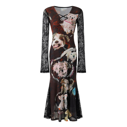 Sexy Sheer Black Lace Long Sleeves Mermaid Maxi Dress Chic Maroon Illustrated V-Neck Artistic Fashion Long Dress AP6779