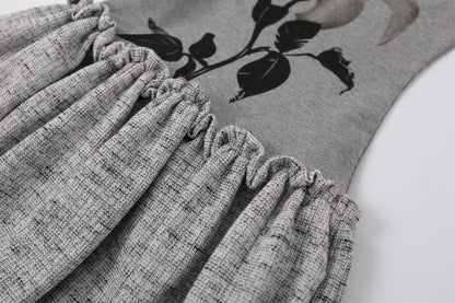 Pretty Black Floral Rose Gray Knit A-Line Maxi Dress Chic High Neck Sheer Mesh Long Sleeves Long Dress AP6780