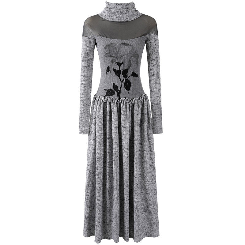 Pretty Black Floral Rose Gray Knit A-Line Maxi Dress Chic High Neck Sheer Mesh Long Sleeves Long Dress AP6780