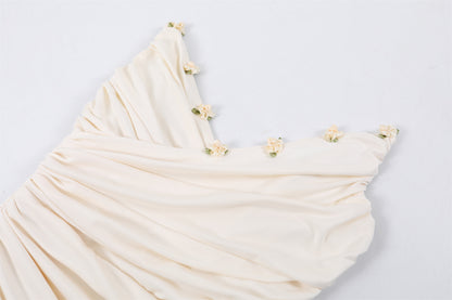 Princess Scarf Tie Floral Details Maxi Dress Elegant Cream Strapless Ruched Evening Wear Long Dress AP6781