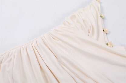 Princess Scarf Tie Floral Details Maxi Dress Elegant Cream Strapless Ruched Evening Wear Long Dress AP6781