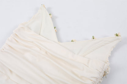 Princess Scarf Tie Floral Details Maxi Dress Elegant Cream Strapless Ruched Evening Wear Long Dress AP6781