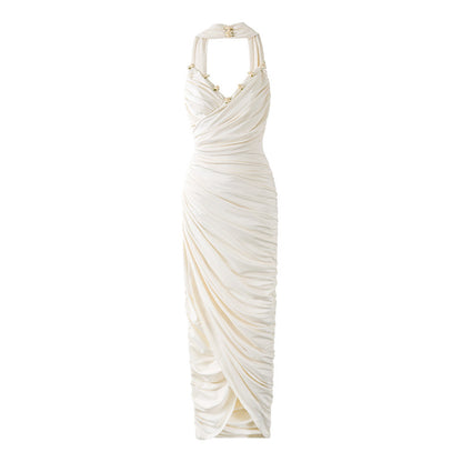 Princess Scarf Tie Floral Details Maxi Dress Elegant Cream Strapless Ruched Evening Wear Long Dress AP6781