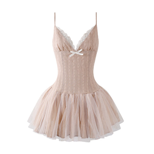 Fancy Spaghetti Straps A-Line Mini Dress Girly Corset Summer Party Outfits White Bow Tulle Short Dress AP6782