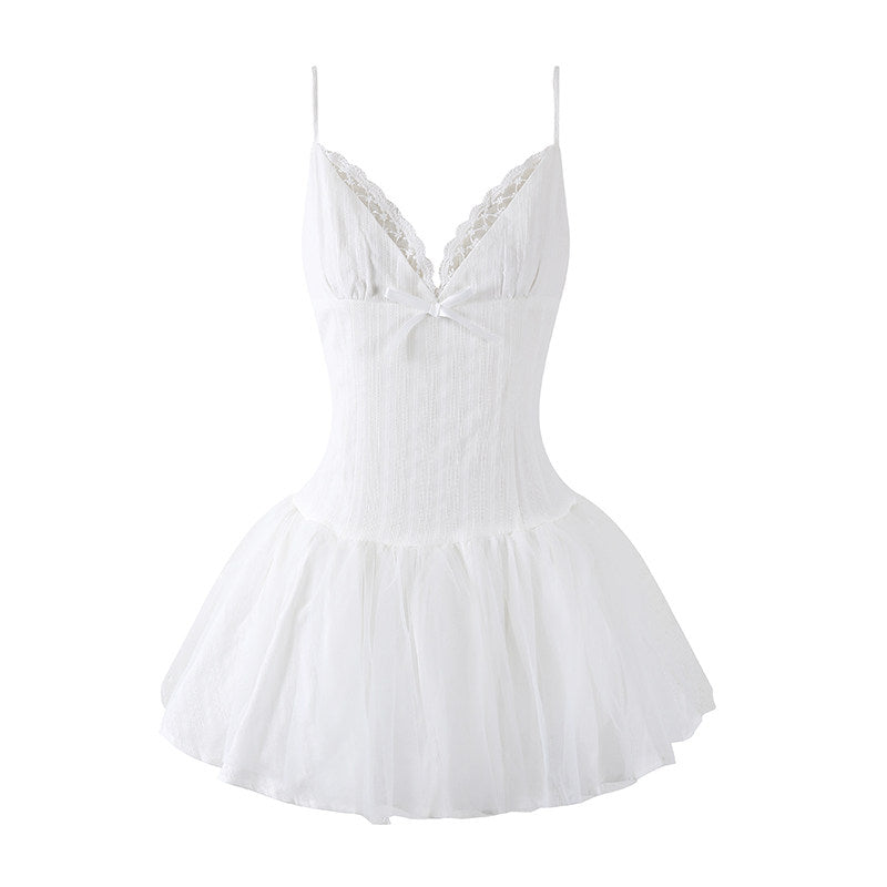 Fancy Spaghetti Straps A-Line Mini Dress Girly Corset Summer Party Outfits White Bow Tulle Short Dress AP6782