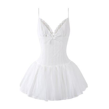 Fancy Spaghetti Straps A-Line Mini Dress Girly Corset Summer Party Outfits White Bow Tulle Short Dress AP6782