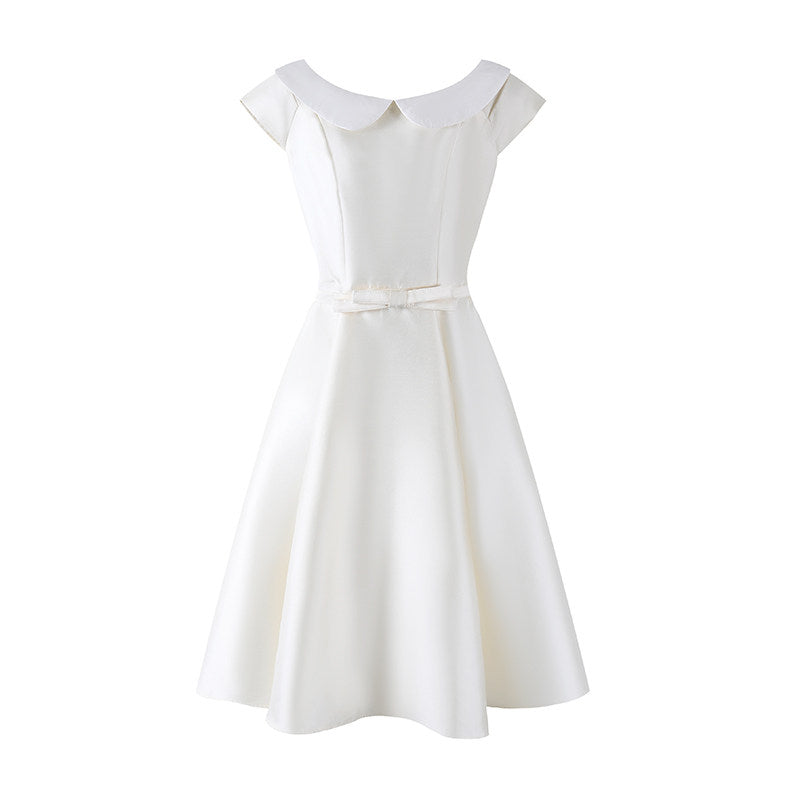 Delicate Bow Waist A-Line Midi Dress Short Sleeve Retro 50s Satin Jewel Neck Long Dress AP6783