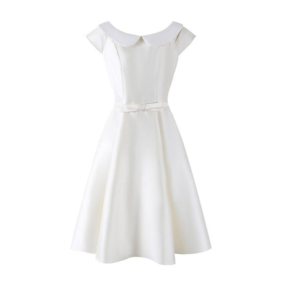 Delicate Bow Waist A-Line Midi Dress Short Sleeve Retro 50s Satin Jewel Neck Long Dress AP6783
