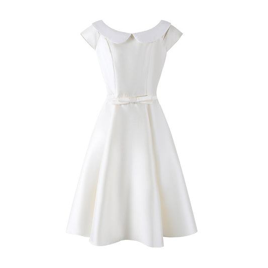 Delicate Bow Waist A-Line Midi Dress Short Sleeve Retro 50s Satin Jewel Neck Long Dress AP6783
