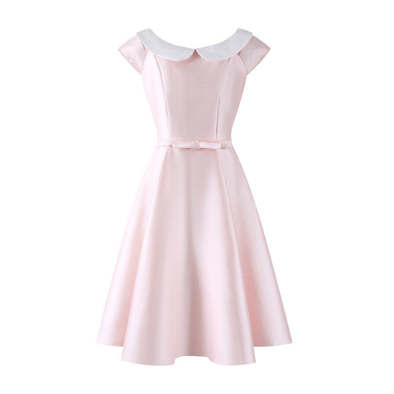 Delicate Bow Waist A-Line Midi Dress Short Sleeve Retro 50s Satin Jewel Neck Long Dress AP6783