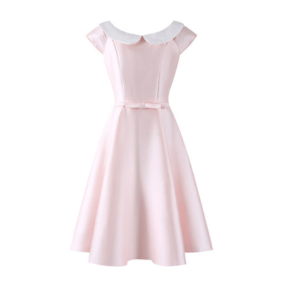 Delicate Bow Waist A-Line Midi Dress Short Sleeve Retro 50s Satin Jewel Neck Long Dress AP6783