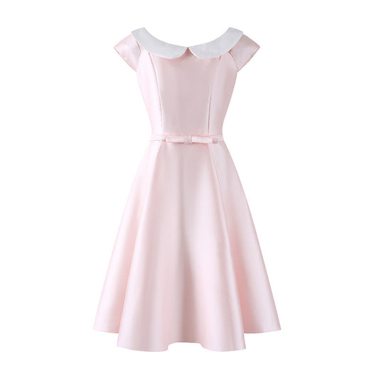 Delicate Bow Waist A-Line Midi Dress Short Sleeve Retro 50s Satin Jewel Neck Long Dress AP6783
