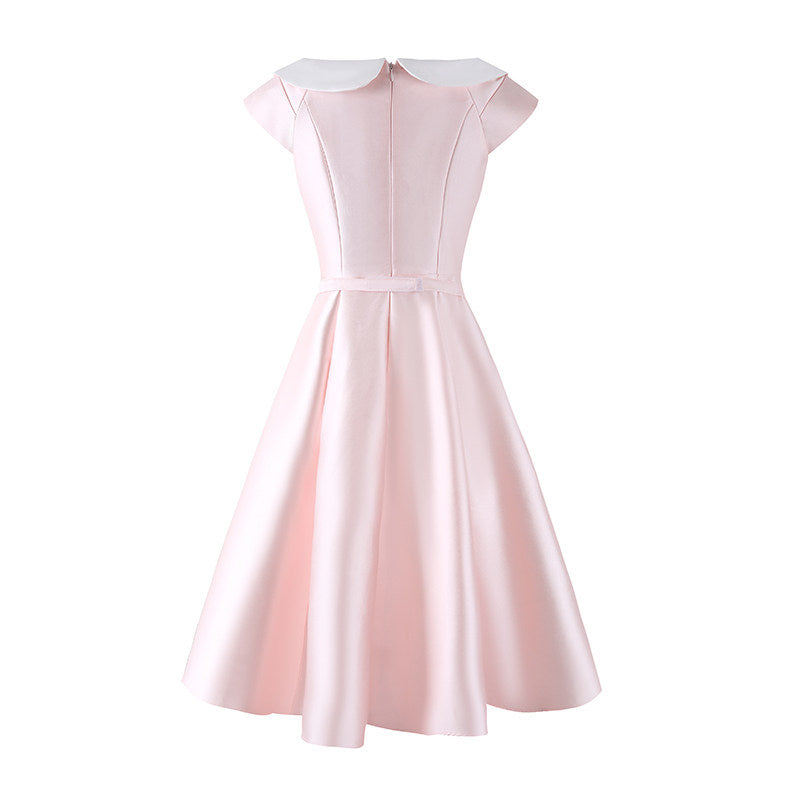 Delicate Bow Waist A-Line Midi Dress Short Sleeve Retro 50s Satin Jewel Neck Long Dress AP6783