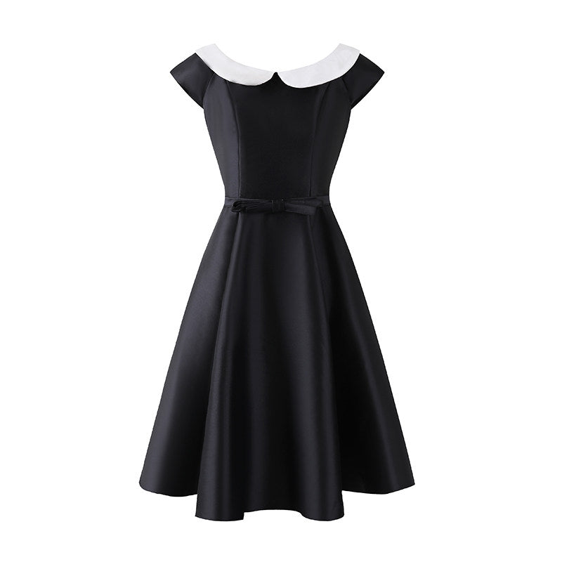 Delicate Bow Waist A-Line Midi Dress Short Sleeve Retro 50s Satin Jewel Neck Long Dress AP6783