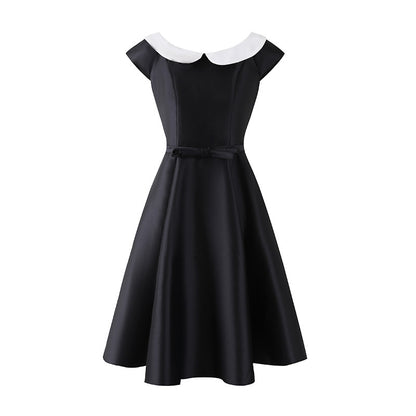 Delicate Bow Waist A-Line Midi Dress Short Sleeve Retro 50s Satin Jewel Neck Long Dress AP6783