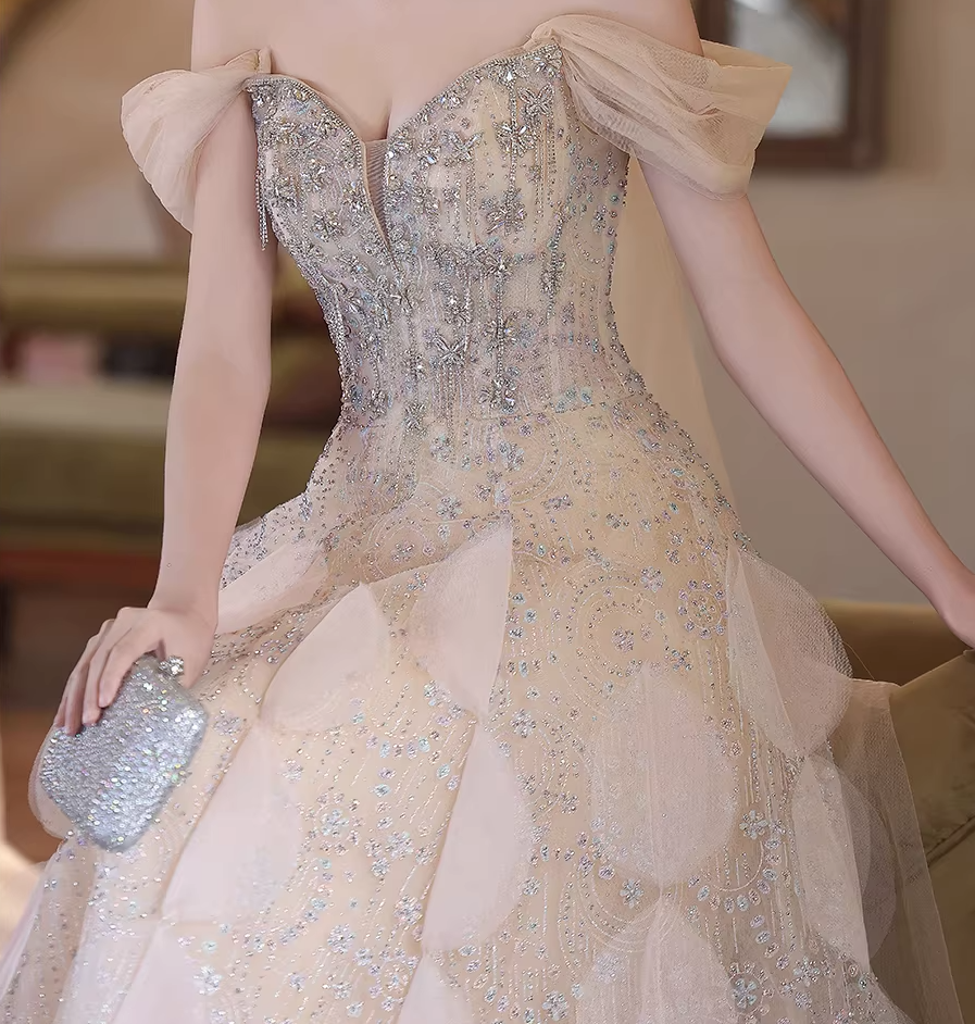 Glittering Off-Shoulder Prom Dresses Inspo Sequins Beaded Formal Wear Tulle A-Line Evening Dresses AP6784
