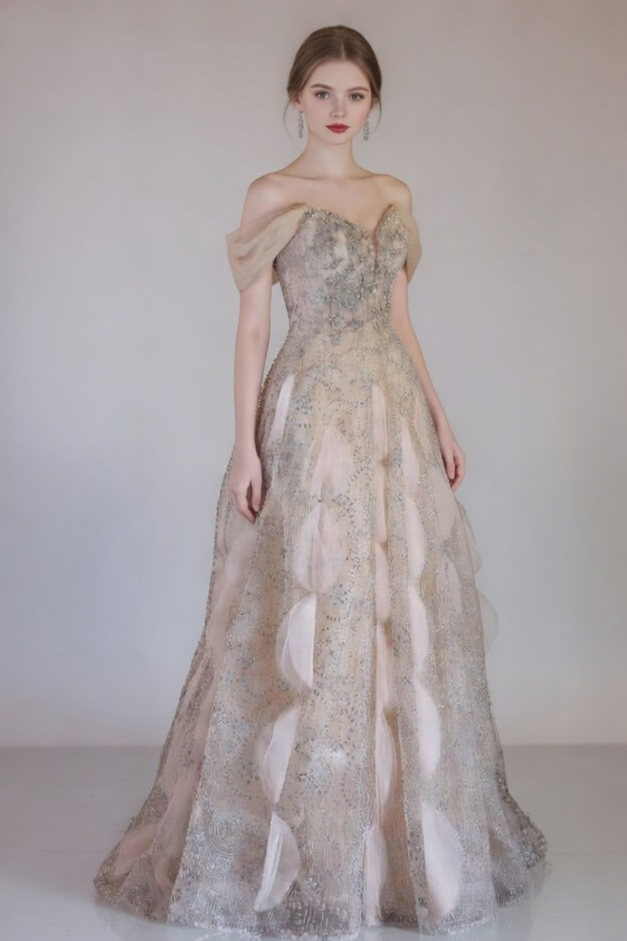 Glittering Off-Shoulder Prom Dresses Inspo Sequins Beaded Formal Wear Tulle A-Line Evening Dresses AP6784