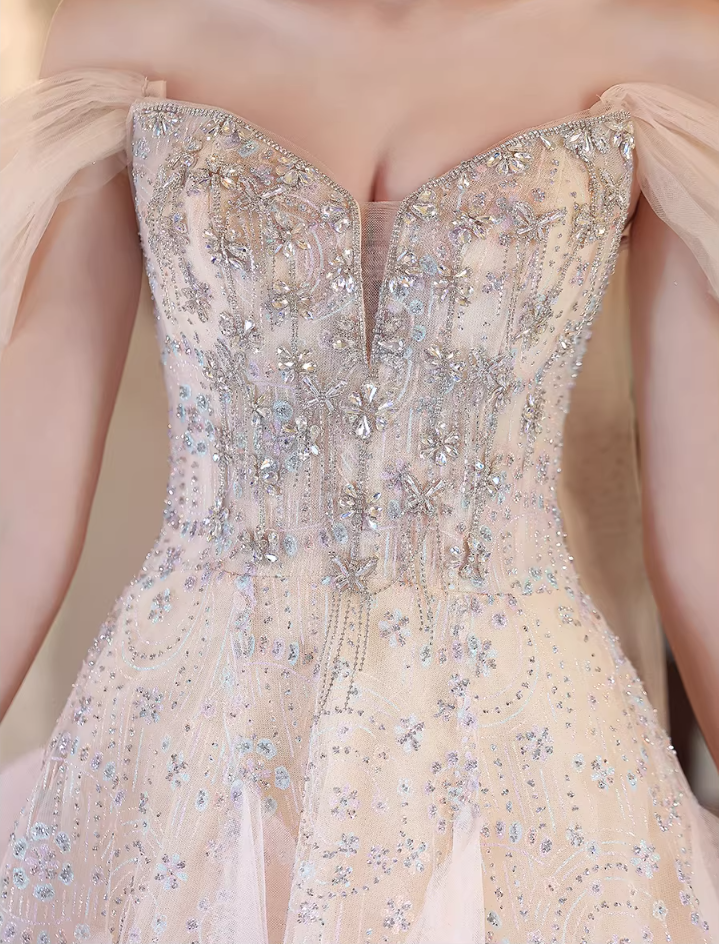 Glittering Off-Shoulder Prom Dresses Inspo Sequins Beaded Formal Wear Tulle A-Line Evening Dresses AP6784