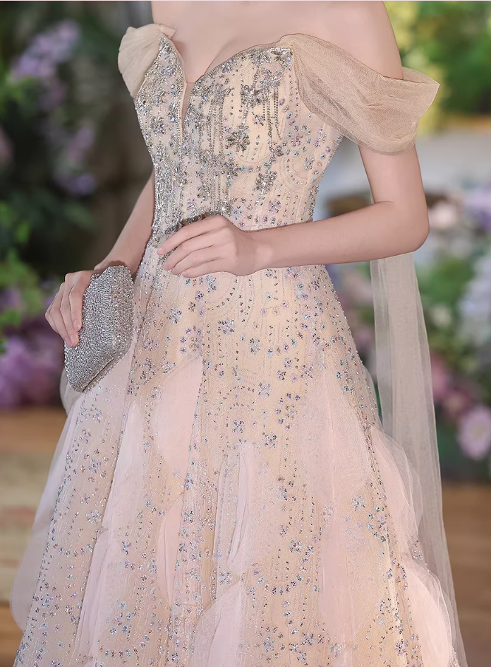Glittering Off-Shoulder Prom Dresses Inspo Sequins Beaded Formal Wear Tulle A-Line Evening Dresses AP6784