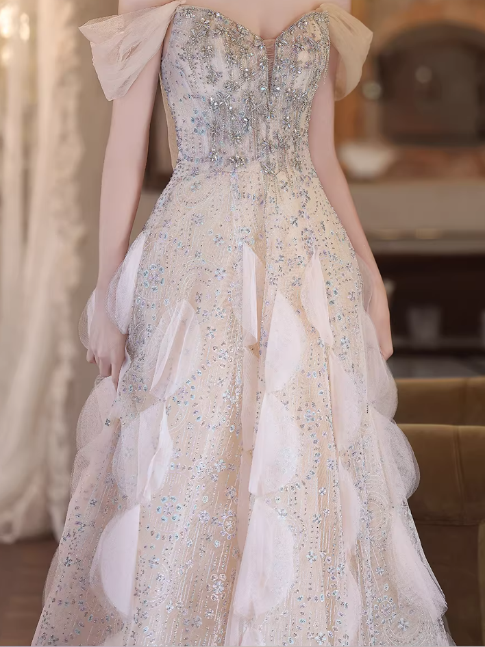 Glittering Off-Shoulder Prom Dresses Inspo Sequins Beaded Formal Wear Tulle A-Line Evening Dresses AP6784