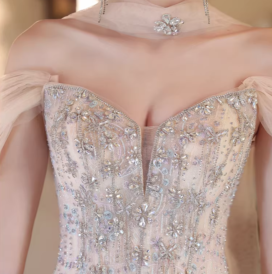 Glittering Off-Shoulder Prom Dresses Inspo Sequins Beaded Formal Wear Tulle A-Line Evening Dresses AP6784