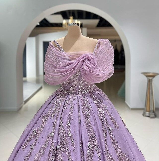 Bling Off-Shoulder Beaded Prom Dresses Purple A-Line Formal Gowns AP6785