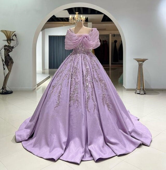 Bling Off-Shoulder Beaded Prom Dresses Purple A-Line Formal Gowns AP6785