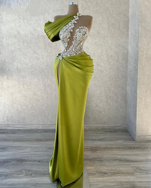 Gen Z Style One Shoulder Green Prom Dress High-Slit Sheath Evening Dress Beaded Formal Outfits AP6786