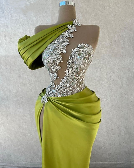 Gen Z Style One Shoulder Green Prom Dress High-Slit Sheath Evening Dress Beaded Formal Outfits AP6786