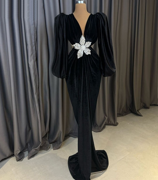 Hottie V Neck Black Prom Dress Long Sleeve Sheath Formal Outfit Beaded Floral Evening Dress AP6788